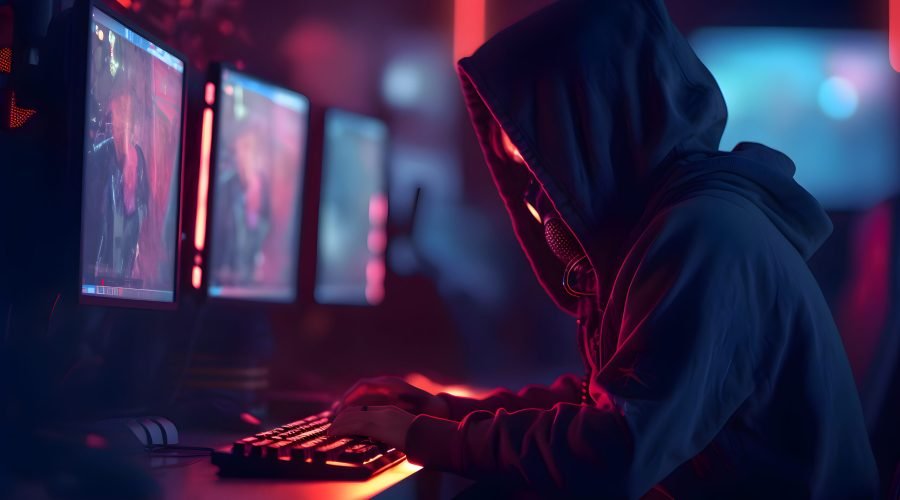 Hacker in hood stealing information from computer monitor. Cybercrime concept.